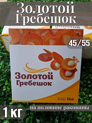 Гребешок золотой на половине раковины с икрой, IQF, 45/55 (7–8 см), Китай, 1 кг